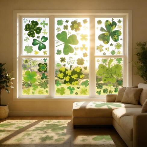 St. Patricks Day Window Clings Decorations - Double Sided Shamrock Window Stickers - 117 Pcs Reusable Static Decals for Home, Office, Classroom & Car Party Supplies (Glue-Free) in Saudi Arabia