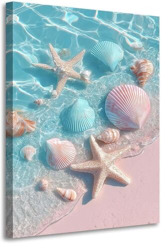 llribbons Bathroom Decor Sea Shells Starfish Canvas Wall Art Dreamy Coastal Seascape Painting Blue Ocean Pink 3D effect Prints for Bedroom Living Room Beach House Home Decor Ready to Hang 8" x 12" in Saudi Arabia