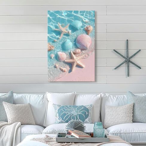 llribbons Bathroom Decor Sea Shells Starfish Canvas Wall Art Dreamy Coastal Seascape Painting Blue Ocean Pink 3D effect Prints for Bedroom Living Room Beach House Home Decor Ready to Hang 8" x 12" in Saudi Arabia