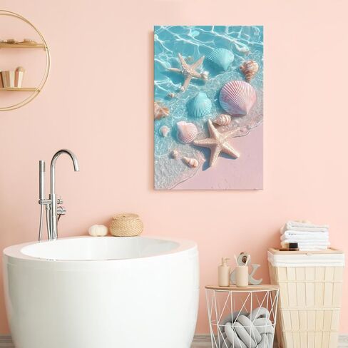 llribbons Bathroom Decor Sea Shells Starfish Canvas Wall Art Dreamy Coastal Seascape Painting Blue Ocean Pink 3D effect Prints for Bedroom Living Room Beach House Home Decor Ready to Hang 8" x 12" in Saudi Arabia
