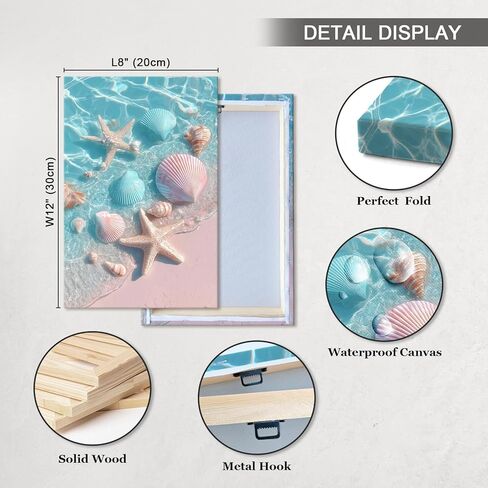 llribbons Bathroom Decor Sea Shells Starfish Canvas Wall Art Dreamy Coastal Seascape Painting Blue Ocean Pink 3D effect Prints for Bedroom Living Room Beach House Home Decor Ready to Hang 8" x 12" in Saudi Arabia