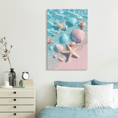 llribbons Bathroom Decor Sea Shells Starfish Canvas Wall Art Dreamy Coastal Seascape Painting Blue Ocean Pink 3D effect Prints for Bedroom Living Room Beach House Home Decor Ready to Hang 8" x 12" in Saudi Arabia