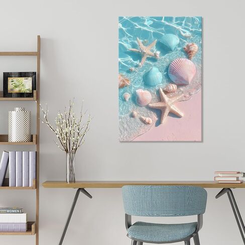 llribbons Bathroom Decor Sea Shells Starfish Canvas Wall Art Dreamy Coastal Seascape Painting Blue Ocean Pink 3D effect Prints for Bedroom Living Room Beach House Home Decor Ready to Hang 8" x 12" in Saudi Arabia