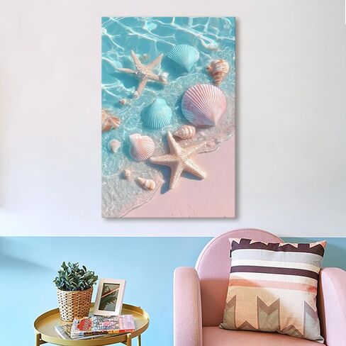 llribbons Bathroom Decor Sea Shells Starfish Canvas Wall Art Dreamy Coastal Seascape Painting Blue Ocean Pink 3D effect Prints for Bedroom Living Room Beach House Home Decor Ready to Hang 8" x 12" in Saudi Arabia