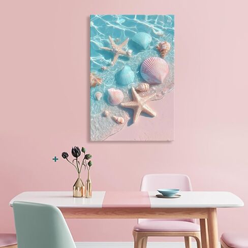 llribbons Bathroom Decor Sea Shells Starfish Canvas Wall Art Dreamy Coastal Seascape Painting Blue Ocean Pink 3D effect Prints for Bedroom Living Room Beach House Home Decor Ready to Hang 8" x 12" in Saudi Arabia