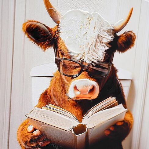 Poemwish Highland Cow Wall Art، كتاب قراءة ديكور بقرة المرتفعات غريب الأطوار، لوحة فنية جدارية قماشية ملتوية بألوان بنية، مشهد حمام حيواني مضحك in Saudi Arabia