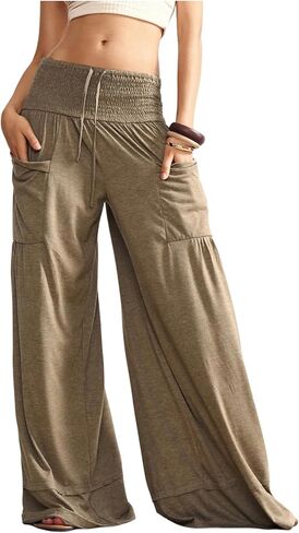 WDIRARA Women's High Waist Smocked Palazzo Pants Flowy Lounge Wide Leg Pants in Saudi Arabia