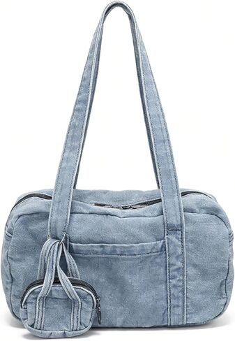 Bowler Bag Slouchy Denim Hobo Tote Bowling Bag Purse with Mini Coin Pouch Washed Jean Vintage Boston Handbag for Women in Saudi Arabia
