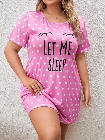 WDIRARA Women's Plus Size Sleepwear Polka Dots Closed Eyes Print Short Sleeve Round Neck Sleep Dress in Saudi Arabia