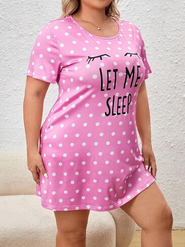 WDIRARA Women's Plus Size Sleepwear Polka Dots Closed Eyes Print Short Sleeve Round Neck Sleep Dress in Saudi Arabia