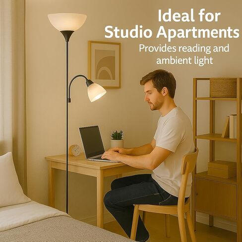 مصباح أرضي أسود قابل للتعديل مع ضوء للقراءة، مصباح طويل لغرفة المعيشة وغرفة النوم والمكتب ومصابيح سوزان 72 بوصة لغرفة المعيشة، ضوء الزاوية، مصباح حامل، مصابيح أرضية لغرفة المعيشة الحديثة in Kuwait
