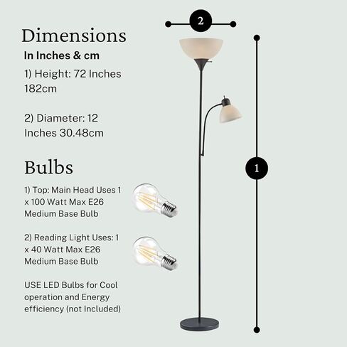 مصباح أرضي أسود قابل للتعديل مع ضوء للقراءة، مصباح طويل لغرفة المعيشة وغرفة النوم والمكتب ومصابيح سوزان 72 بوصة لغرفة المعيشة، ضوء الزاوية، مصباح حامل، مصابيح أرضية لغرفة المعيشة الحديثة in Kuwait