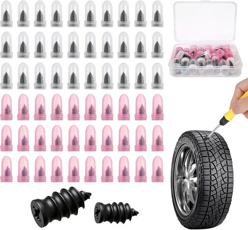 60PCS Tire Repair Rubber Nail, 2 Sizes Vacuum Tire Plug Screws, Car Quick Fix Tire Plug Kits, Self Service Tire Repair Tools for Car, Motorcycle, Truck, Tractor Puncture, with Box Packaged in Saudi Arabia