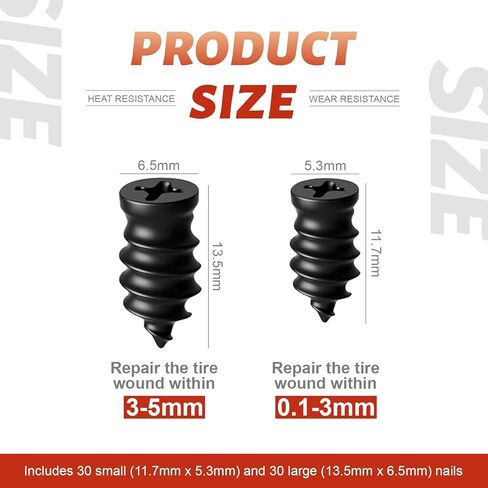 60PCS Tire Repair Rubber Nail, 2 Sizes Vacuum Tire Plug Screws, Car Quick Fix Tire Plug Kits, Self Service Tire Repair Tools for Car, Motorcycle, Truck, Tractor Puncture, with Box Packaged in Saudi Arabia