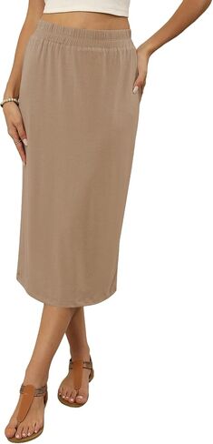 تنانير Naggoo متوسطة الطول للنساء للصيف، تنورة مستقيمة أساسية مرنة عالية الخصر مع فتحة in Kuwait