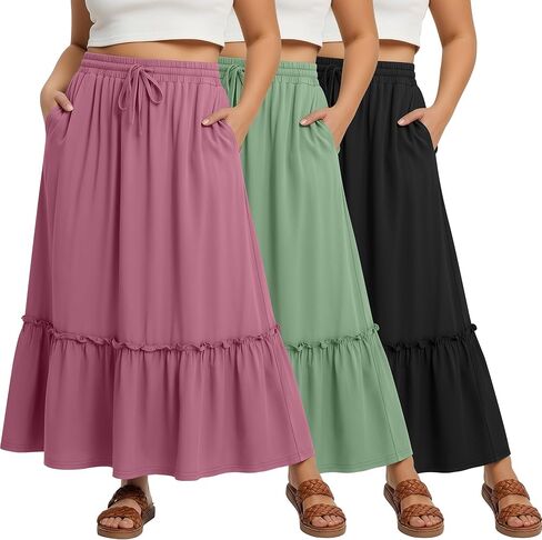 3 Pack Plus Size Maxi Skirts for Curvy Women Ankle Length Pockets Tiered Ruffle Hem Flowy Pleated Summer Long Skirts in Saudi Arabia