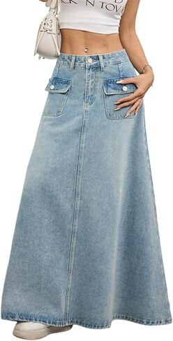 utcoco Women's High Waisted Denim Maxi Skirt Flowy A-Line Cargo Jean Skirt with Pocket in Saudi Arabia
