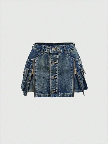 SOLY HUX Women's Y2k Mini Denim Skirts Button Zip Up Bodycon Jean Skirt Vintage Streetwear in Kuwait