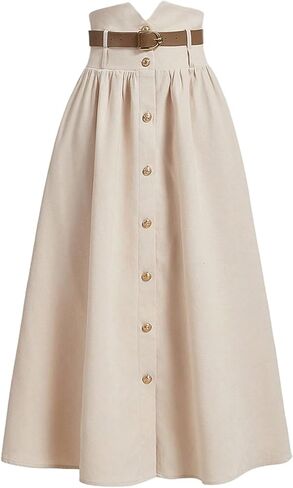 GORGLITTER المرأة مطوي زر أسفل التنانير الطويلة عالية الخصر انسيابي العصرية تنورة الصيف خط مع حزام in Kuwait