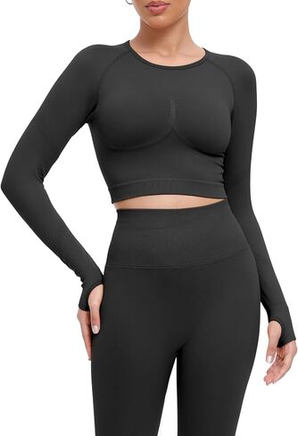 قمصان طويلة الأكمام للتمرين للنساء، قمصان قصيرة للرياضة واليوجا واللياقة البدنية، برقبة دائرية قابلة للتمدد، بلوزة مضغوطة in Kuwait