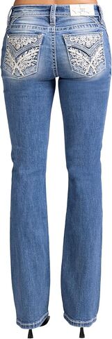 Miss Me Women's Lace Filigree Embellished Faux Flap Pockets Mid-Rise Bootcut Jeans in Saudi Arabia
