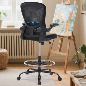 Drafting Chair Tall Office Chair with Flip-up Arms Adjustable Height Standing Desk Chair with Lumbar Support and Footrest Ring Ergonomic Executive Computer Chair Swivel Drafting Stool for Work/Drawing in Saudi Arabia