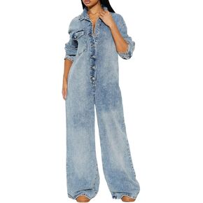 Womens Denim Jumpsuits Lapel Single Breasted Long Sleeve Wide Leg Casual Trendy Loose One Piece Jean Pants in Saudi Arabia