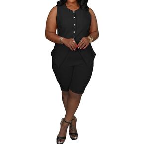 CXXQ Women's Plus Size Summer 2 Piece Outfits Sleeveless Matching Sets Button Down Crew Neck Vest Shorts Sets Pants Suit in Saudi Arabia