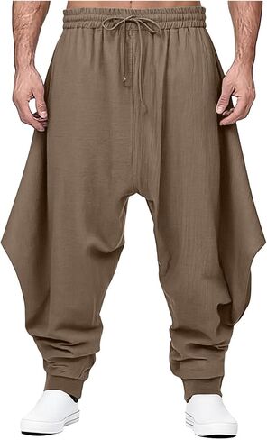 Linen Pants Men Beach Elastic Waist Drawstring Harem Pant Big Tall Tapered Slacks Breathable Summer Vacation Clothes in Saudi Arabia