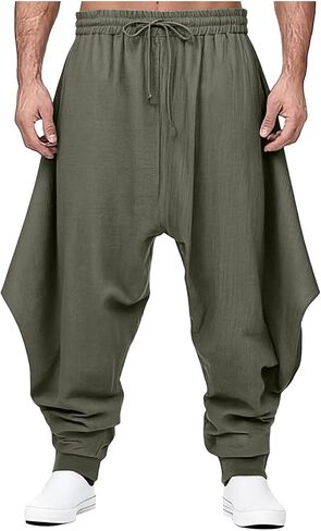 Linen Pants Men Beach Elastic Waist Drawstring Harem Pant Big Tall Tapered Slacks Breathable Summer Vacation Clothes in Saudi Arabia