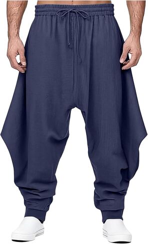 Linen Pants Men Beach Elastic Waist Drawstring Harem Pant Big Tall Tapered Slacks Breathable Summer Vacation Clothes in Saudi Arabia
