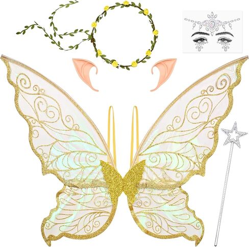 Fairy Wings Costume for Adults Girls, Butterfly Wings with Floral Garland Wand Elf Ears for Women Halloween, Cosplay, Party in Saudi Arabia