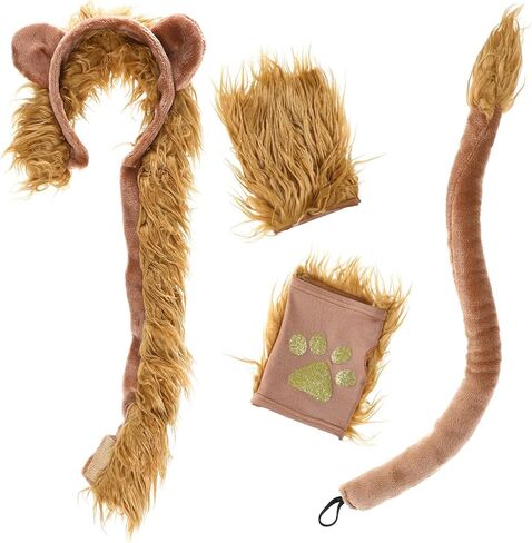 Lion Costume for Kids and Adults, Plush Lion Ears Headband Tail and Paw Mitts Set, Brown Animal Dress Up Accessories for Halloween Cosplay, Jungle Theme Party & School Play in Saudi Arabia