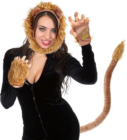 Lion Costume for Kids and Adults, Plush Lion Ears Headband Tail and Paw Mitts Set, Brown Animal Dress Up Accessories for Halloween Cosplay, Jungle Theme Party & School Play in Saudi Arabia