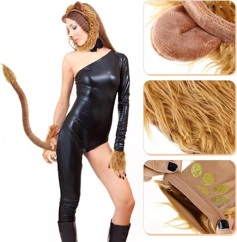 Lion Costume for Kids and Adults, Plush Lion Ears Headband Tail and Paw Mitts Set, Brown Animal Dress Up Accessories for Halloween Cosplay, Jungle Theme Party & School Play in Saudi Arabia