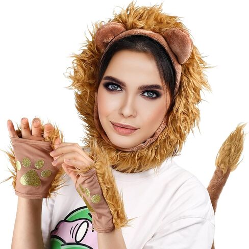 Lion Costume for Kids and Adults, Plush Lion Ears Headband Tail and Paw Mitts Set, Brown Animal Dress Up Accessories for Halloween Cosplay, Jungle Theme Party & School Play in Saudi Arabia