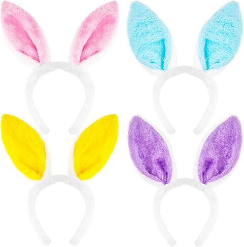 4 Pack Fluffy Bunny Ears Headbands for Adults and Kids, Plush Pink, Blue, Yellow, and Purple Rabbit Ear Costume Accessories for Halloween, Easter Day, and Animal Themed Party Favors in Saudi Arabia