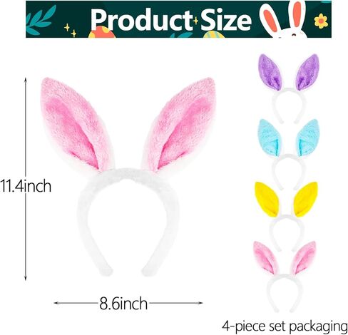 4 Pack Fluffy Bunny Ears Headbands for Adults and Kids, Plush Pink, Blue, Yellow, and Purple Rabbit Ear Costume Accessories for Halloween, Easter Day, and Animal Themed Party Favors in Saudi Arabia