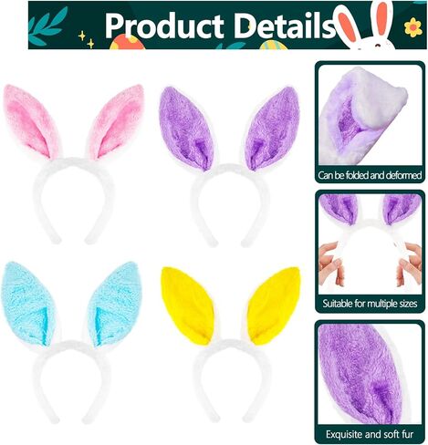 4 Pack Fluffy Bunny Ears Headbands for Adults and Kids, Plush Pink, Blue, Yellow, and Purple Rabbit Ear Costume Accessories for Halloween, Easter Day, and Animal Themed Party Favors in Saudi Arabia