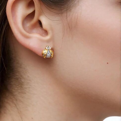 Luxury Asymmetric Ladybug Stud Earrings, 18K Gold Plated 925 Sterling Silver Inset Earrings for Women, Dainty Tiny Cubic Zirconia Pave Setting, Hypoallergenic Jewelry Gifts in Saudi Arabia