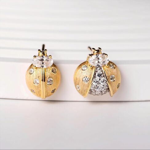 Luxury Asymmetric Ladybug Stud Earrings, 18K Gold Plated 925 Sterling Silver Inset Earrings for Women, Dainty Tiny Cubic Zirconia Pave Setting, Hypoallergenic Jewelry Gifts in Saudi Arabia