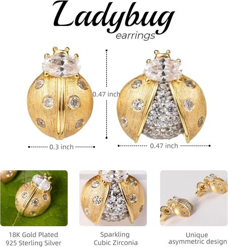 Luxury Asymmetric Ladybug Stud Earrings, 18K Gold Plated 925 Sterling Silver Inset Earrings for Women, Dainty Tiny Cubic Zirconia Pave Setting, Hypoallergenic Jewelry Gifts in Saudi Arabia