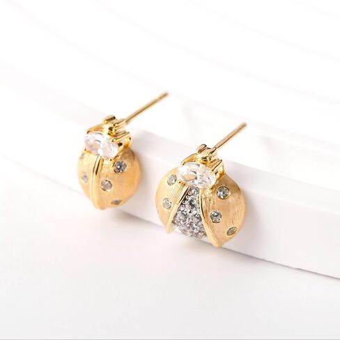 Luxury Asymmetric Ladybug Stud Earrings, 18K Gold Plated 925 Sterling Silver Inset Earrings for Women, Dainty Tiny Cubic Zirconia Pave Setting, Hypoallergenic Jewelry Gifts in Saudi Arabia