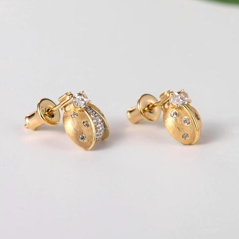 Luxury Asymmetric Ladybug Stud Earrings, 18K Gold Plated 925 Sterling Silver Inset Earrings for Women, Dainty Tiny Cubic Zirconia Pave Setting, Hypoallergenic Jewelry Gifts in Saudi Arabia