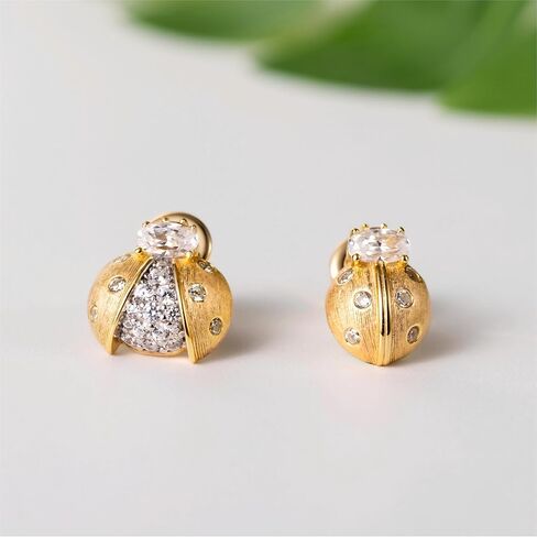 Luxury Asymmetric Ladybug Stud Earrings, 18K Gold Plated 925 Sterling Silver Inset Earrings for Women, Dainty Tiny Cubic Zirconia Pave Setting, Hypoallergenic Jewelry Gifts in Saudi Arabia