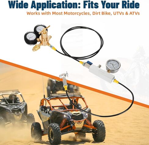 مجموعة تعبئة الصدمات بالنيتروجين مع صمام شريدر ومقياس النيتروجين 700 رطل لكل بوصة مربعة، أداة تعبئة الصدمات منظم النيتروجين بدون فقدان وخرطوم مرن عالي الضغط، من أجل ATV/ATC/UTV/الدراجة الترابية/دراجة الطرق الوعرة in Kuwait