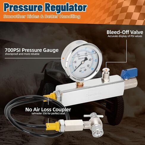 مجموعة تعبئة الصدمات بالنيتروجين مع صمام شريدر ومقياس النيتروجين 700 رطل لكل بوصة مربعة، أداة تعبئة الصدمات منظم النيتروجين بدون فقدان وخرطوم مرن عالي الضغط، من أجل ATV/ATC/UTV/الدراجة الترابية/دراجة الطرق الوعرة in Kuwait