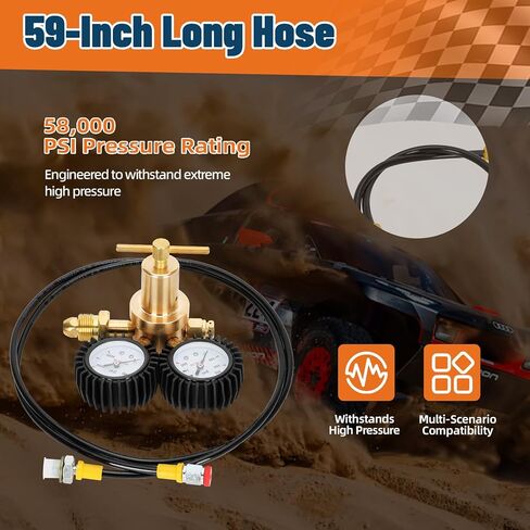 مجموعة تعبئة الصدمات بالنيتروجين مع صمام شريدر ومقياس النيتروجين 700 رطل لكل بوصة مربعة، أداة تعبئة الصدمات منظم النيتروجين بدون فقدان وخرطوم مرن عالي الضغط، من أجل ATV/ATC/UTV/الدراجة الترابية/دراجة الطرق الوعرة in Kuwait