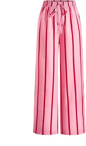 Women's Striped Wide Leg Palazzo Pants Drawstring High Elastic Waist Loose Trousers Beach Vacation Clothes in Saudi Arabia
