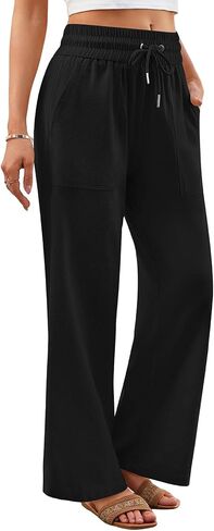 سروال Yusongirl من الكتان للسيدات برباط واسع الساق للصيف كاجوال خفيف الوزن ومسامي مع جيوب للعمل على الشاطئ والسفر in Kuwait